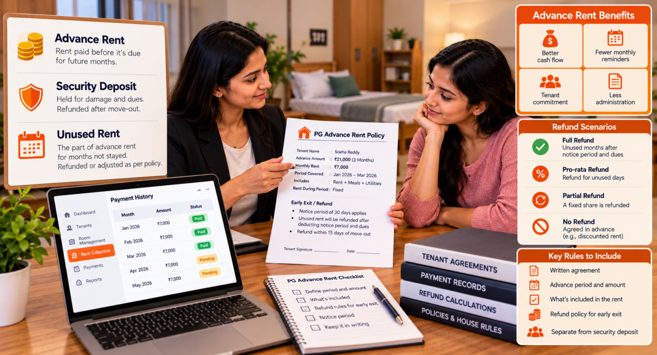 PG advance rent policy showing a property manager explaining advance payments, security deposits, unused rent refunds, payment records, and early move-out refund rules to a tenant.