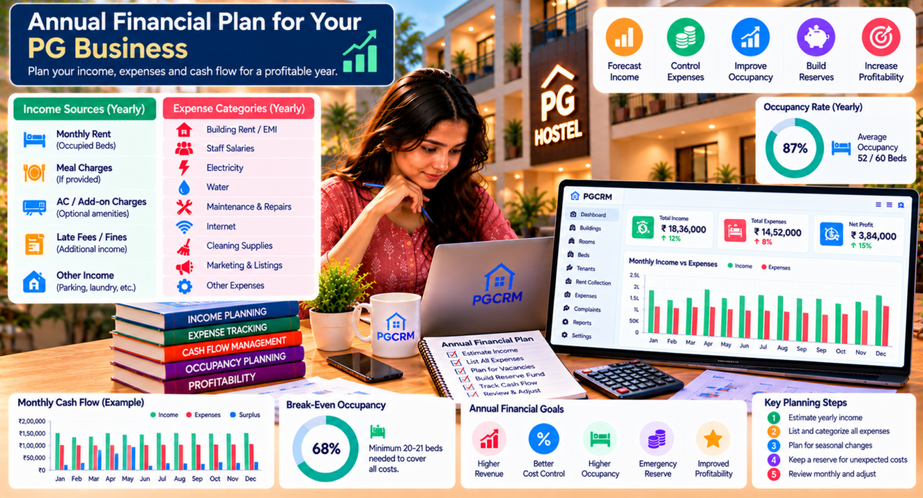 PG financial planning dashboard showing annual rental income, operating expenses, cash flow, occupancy rates, break-even targets, emergency reserves, and profitability goals.