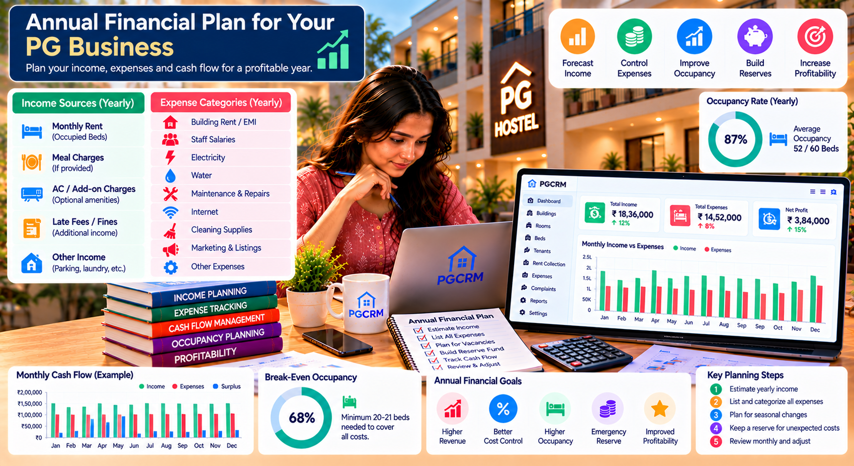 PG financial planning dashboard showing annual rental income, operating expenses, cash flow, occupancy rates, break-even targets, emergency reserves, and profitability goals.