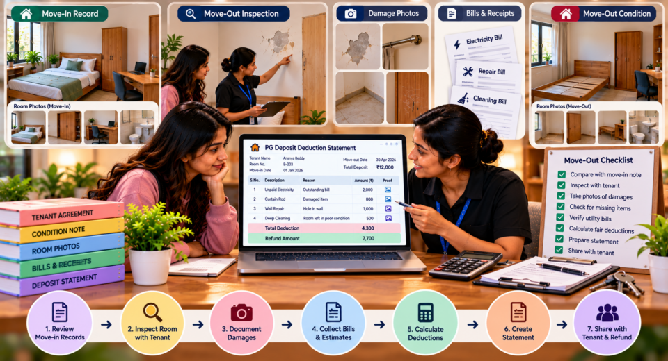PG rent concession policy showing a property manager reviewing rent benefits with a long-term tenant, discussing rent freezes, monthly concessions, eligibility criteria, and tenant retention.