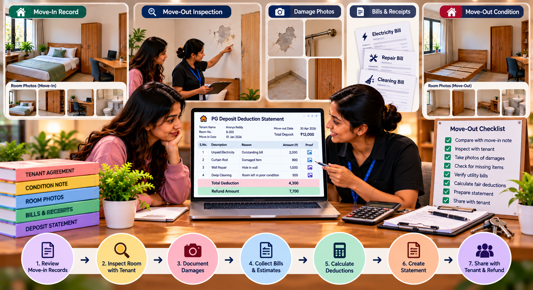 PG rent concession policy showing a property manager reviewing rent benefits with a long-term tenant, discussing rent freezes, monthly concessions, eligibility criteria, and tenant retention.
