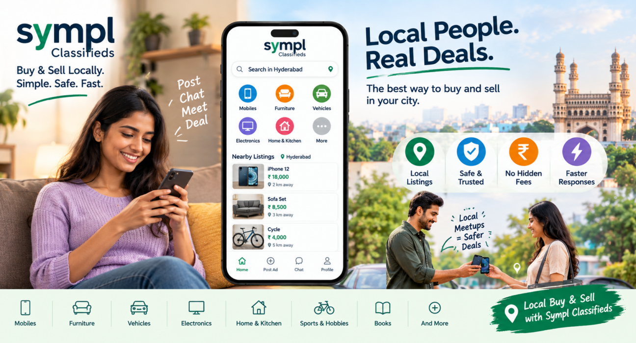 Sympl Classifieds helps people buy and sell used mobiles, furniture, vehicles, electronics, and household items locally in Hyderabad with simple and convenient listings.