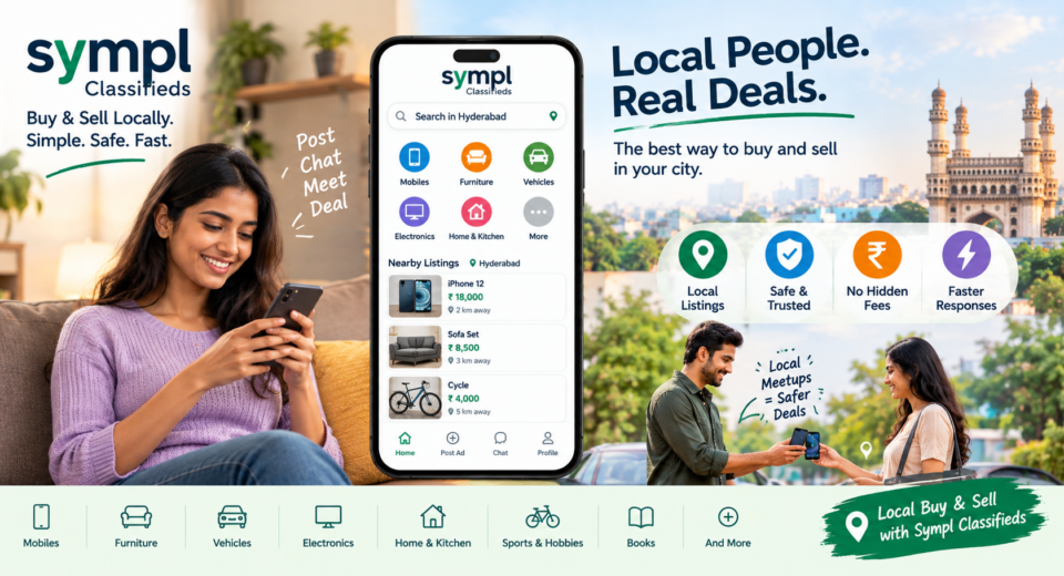 Sympl Classifieds helps people buy and sell used mobiles, furniture, vehicles, electronics, and household items locally in Hyderabad with simple and convenient listings.
