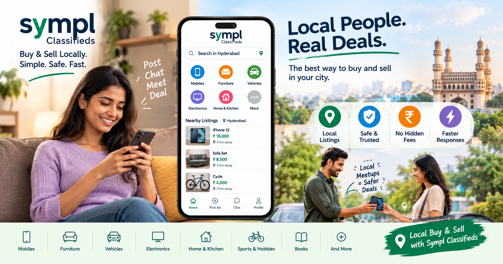 Sympl Classifieds helps people buy and sell used mobiles, furniture, vehicles, electronics, and household items locally in Hyderabad with simple and convenient listings.