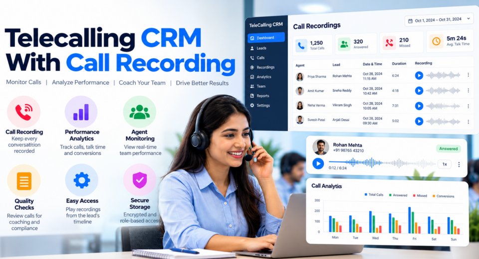 Telecalling CRM dashboard displaying call recordings, performance analytics, agent monitoring, call playback, quality checks, and sales performance reports.